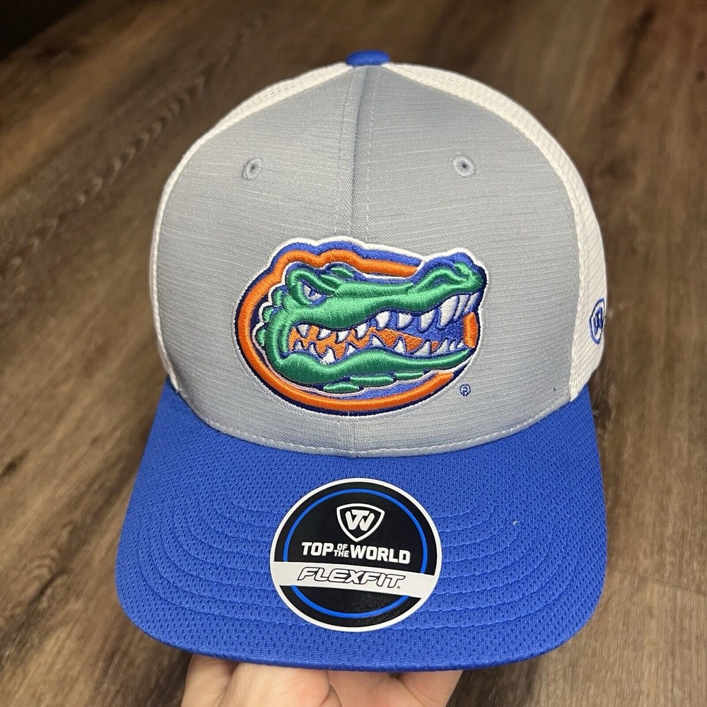 Florida Gators Hat Flex Fitted Gray White Blue Trucker Cap Vented Lightweight